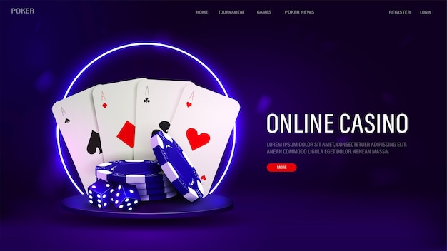 Un banner web con fichas de cartas y dados para póquer en el podio con un marco de neón sobre un fondo azul Un concepto temático de casino para un sitio web con texto