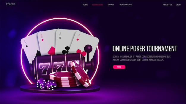 Un banner web con fichas de dados de cartas de póquer y una máquina tragamonedas en el podio con un marco brillante de neón en azul y púrpura Un concepto para un casino