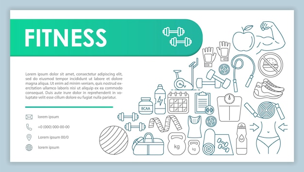 Banner de web de fitness, plantilla de vector de tarjeta de visita. Página de contacto de gimnasio con teléfono, iconos lineales de correo electrónico. Presentación de estilo de vida saludable, idea de página web. Diseño de impresión corporativa de centro de entrenamiento.
