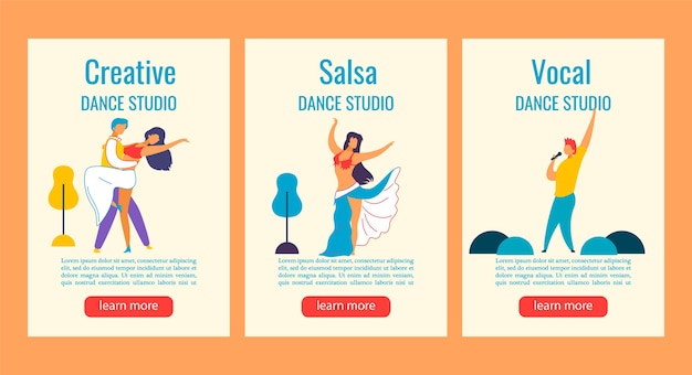 Vector banner web historias de instagram personajes de dibujos animados para baile, estudio de canto