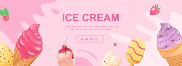 Banner web horizontal de helado Postres fríos dulces de colores en copas de gofre polo de hielo y helado con topping y bayas Ilustración vectorial para plantillas de portada de sitio web de encabezado en diseño moderno