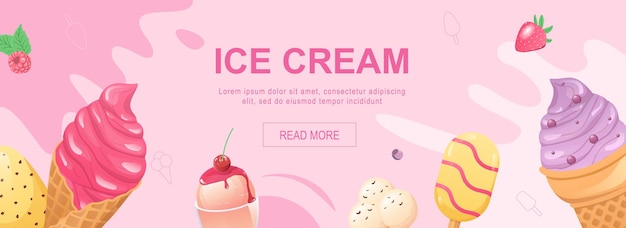 Banner web horizontal de helado postres fríos dulces de colores en copas de gofre polo de hielo y helado con topping y bayas ilustración vectorial para plantillas de portada de sitio web de encabezado en diseño moderno