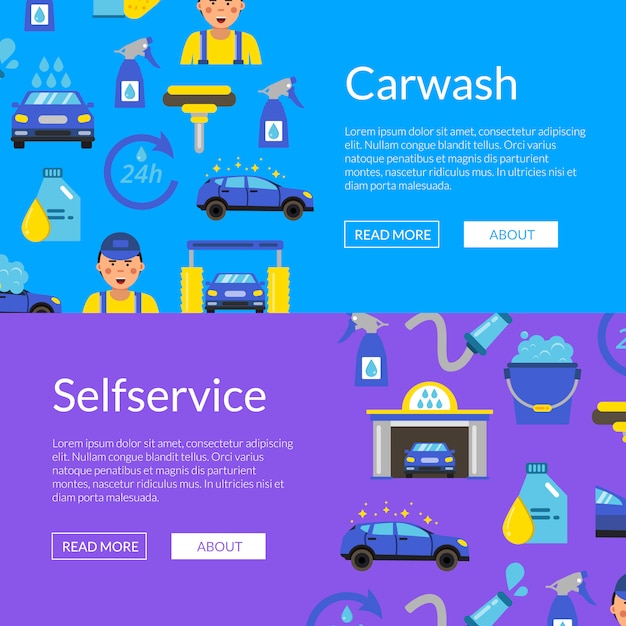 banner web horizontal con iconos planos coloreados de lavado de coches