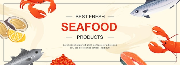 Banner web horizontal de mariscos Diferentes pescados Caballa Salmón Caviar rojo Cangrejo Langosta Ostra con limón Otros productos Ilustración vectorial para plantillas de portada de sitio web de encabezado en diseño moderno
