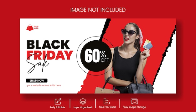 Banner web horizontal de oferta de venta de comercio electrónico para la plantilla de portada del evento de descuento de venta del Viernes Negro