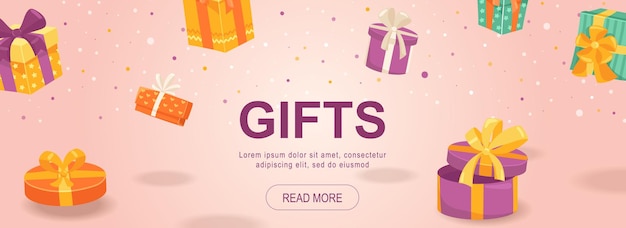 Banner web horizontal de regalos Cajas de cartón coloridas con lazos para regalos para cumpleaños Navidad y otros días festivos Ilustración vectorial para plantillas de portada de sitio web de encabezado en diseño moderno