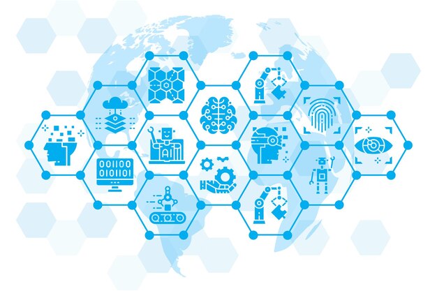 Banner web de iconos de inteligencia artificial. Ilustración de promoción de robótica, Chatbot, base de datos, Big Data para sitios web y desarrollo móvil.