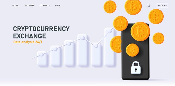 Vector banner web con ilustración 3d de un teléfono inteligente con bitcoins cayendo y gráfico de barras en el fondo