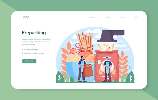 Banner web de la industria de producción de espaguetis o pasta o página de destino. Fabricación de alimentos tradicionales italianos. Proceso de elaboración de fideos semielaborados. Ilustración de vector plano en estilo de dibujos animados