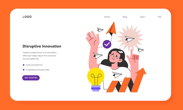 Banner web de innovación disruptiva o página de inicio Idea revolucionaria o startup que cambia la industria Avance tecnológico Desarrollo de una nueva metodología de producción Ilustración de vector plano