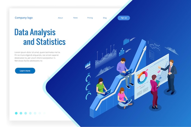 Banner web isométrico Concepto de análisis de datos y estadísticas. Análisis de negocios de ilustración vectorial, visualización de datos. Concepto de tecnología, Internet y red. Datos e inversiones.