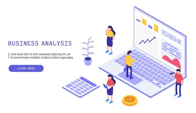 Banner web isométrico para un equipo de expertos versátil en análisis de datos Gestión de estadísticas empresariales Consultoría y marketing Ilustración vectorial para la página de inicio