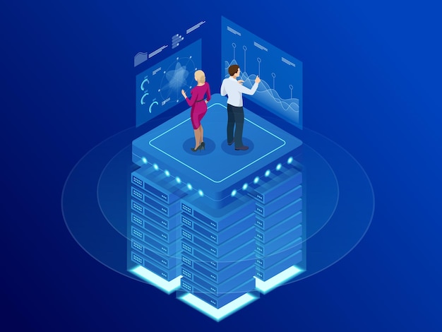 Banner web isométrico Plataforma de análisis de datos y estadísticas. Servidor de alojamiento de ilustración vectorial o sala de centro de datos. Concepto de tecnología, Internet y red. Datos e inversiones.
