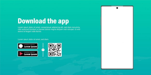 Banner web de maqueta de teléfono inteligente móvil con publicidad para descargar la aplicación, el código QR y la plantilla de botones