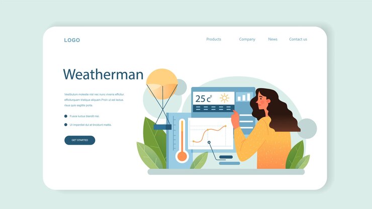 Vector banner web de meteorólogo o página de destino. pronosticador del tiempo que estudia e investiga el tiempo y las condiciones climáticas. ciencia de la meteorología. ilustración de vector aislado