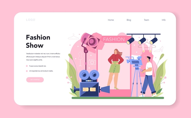 Banner de web de modelo de moda o página de destino. El hombre y la mujer representan ropa nueva en un desfile de modas en una pasarela y una sesión de fotos. Trabajador de la industria de la moda. Ilustración de vector aislado