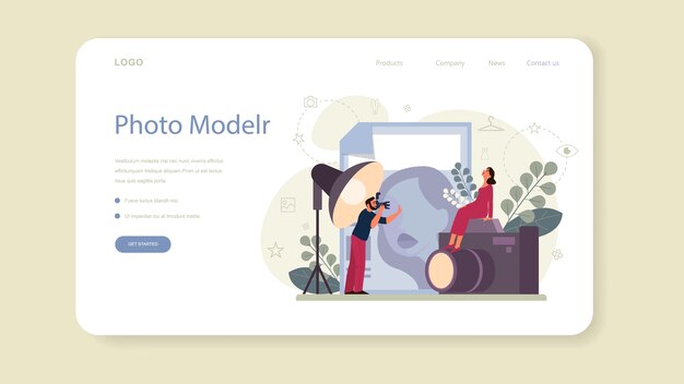 Banner de web de modelo de moda o página de destino. El hombre y la mujer representan ropa nueva en un desfile de modas y una sesión de fotos. Trabajador de la industria de la moda.