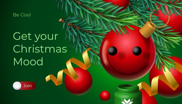 Banner web de Navidad. Árbol exuberante de abeto de pino de Navidad y bola de cristal colgando de un árbol de pies de Navidad. Vacaciones brillantes