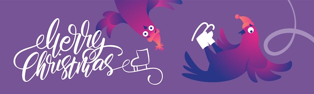 Banner de web de Navidad brillante con palomas divertidas Letras de feliz Navidad Personajes divertidos palomas