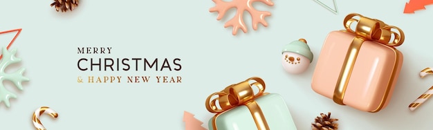 Banner web de Navidad. Diseño de Navidad con caja de regalos de decoración realista color azul y rosa, copo de nieve 3d, bastón de caramelo, conos de árbol. Cartel festivo horizontal de año nuevo, tarjeta de felicitación, encabezados para sitio web