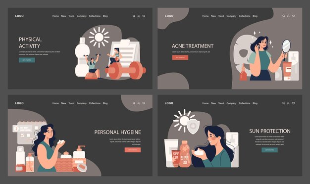Banner web o página de aterrizaje de tratamiento del acné modo oscuro o nocturno establecido dermatología y cosmetología