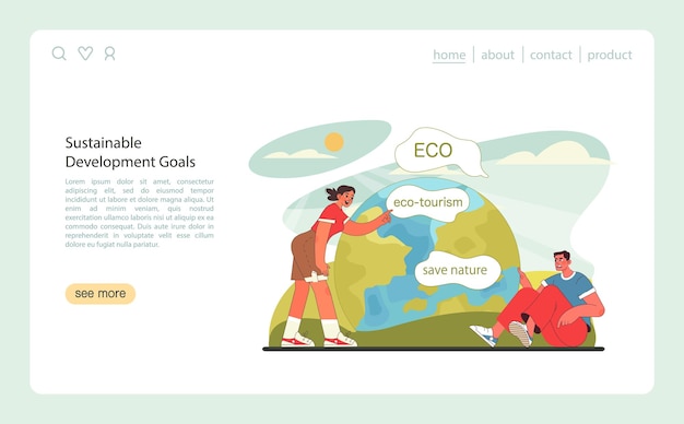 Banner web o página de aterrizaje de turismo sostenible Objetivos de desarrollo sostenible Ecoturismo ecológico