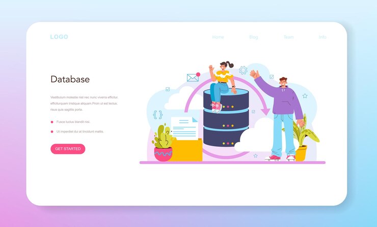 Vector banner web o página de destino del administrador de la base de datos. gerente que trabaja en el centro de datos. protección, copia de seguridad y restauración de datos. tecnología informática moderna, profesión de ti. ilustración vectorial plana