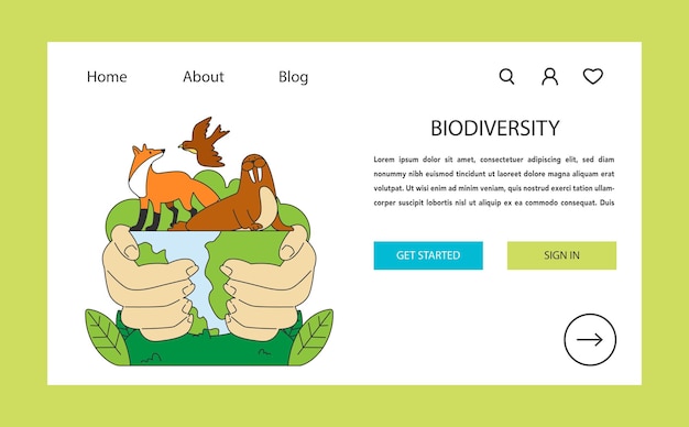 Vector banner web o página de destino de conservación de la biodiversidad restauración de especies de flora y fauna en peligro de extinción