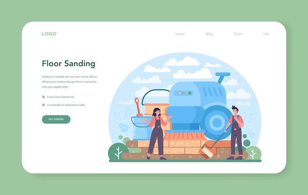 Banner web o página de destino del instalador de pisos. Colocación de parquet profesional, suelo de madera o gres. Concepto de reparación y renovación de viviendas. Ilustración de vector plano aislado
