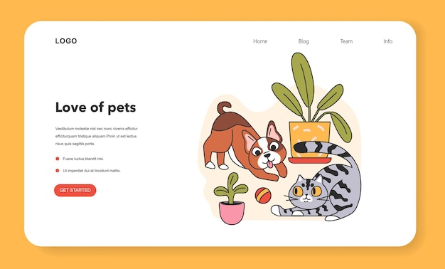 Banner web o página de destino de los mejores amigos de gatos y perros Lindo cachorro y gatito jugando entre sí Un divertido par de mascotas juegan juntos con una pelota Ilustración de vector plano