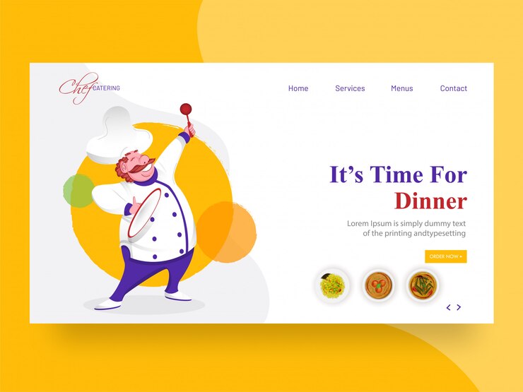 Vector banner web o página de inicio con carácter de chef feliz y mensaje dado como es hora de cenar.