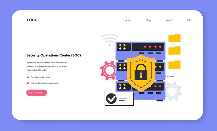 Vector banner web o página de inicio del centro de operaciones de seguridad protección contra amenazas cibernéticas y mantenimiento de seguridad monitoreo e investigación de posibles incidentes de seguridad ilustración de vector plano