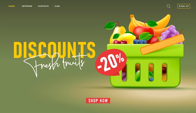 Vector banner web para la página de destino del supermercado con ilustración 3d de la cesta de la compra llena de frutas