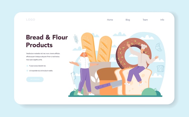 Banner web de panadero o página de destino. Chef en el pan de hornear uniforme. Proceso de repostería al horno. Panadería y pastelería. Ilustración de vector aislado