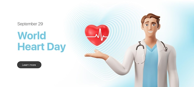 Banner web para el personaje 3d del Día Mundial del Corazón de un médico vectorial que señala un icono del corazón