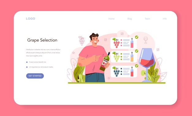 Banner web de producción de vino o página de destino. Árbol de uva