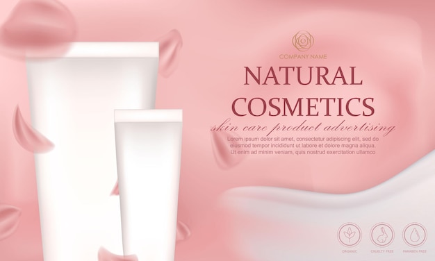 Banner web con producto natural para el cuidado de la piel Afiche publicitario rosa con cosméticos de frotis de crema de pétalos de flores