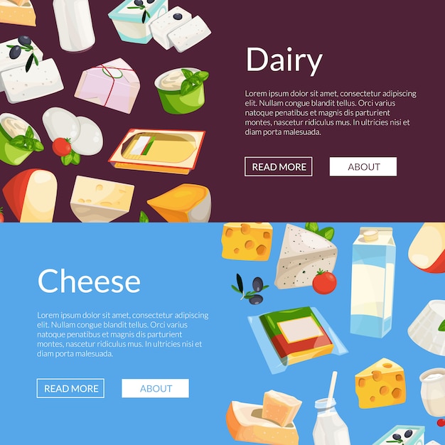 Vector banner web de productos lácteos y queso de dibujos animados