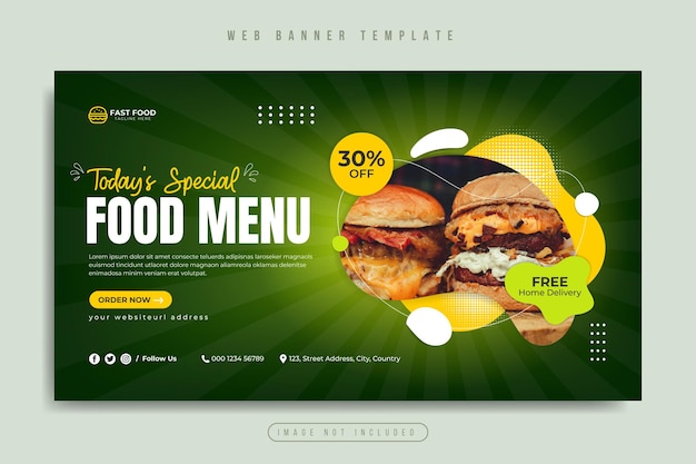 Banner web de promoción de redes sociales de menú de comida de restaurante y hamburguesa saludable