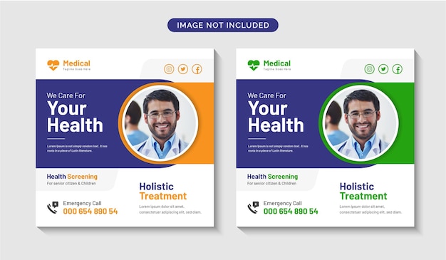 Banner web de publicación de redes sociales médicas y de salud o plantilla de diseño de volante cuadrado Vector Premium