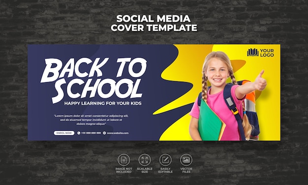 Banner web para redes sociales de admisión de regreso a la escuela para facebook plantilla de folleto de diseño de línea de tiempo de portada