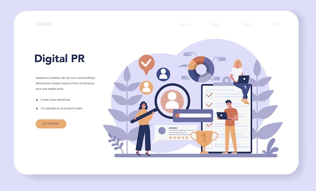 Banner web de relaciones públicas o página de destino. Idea de realizar anuncios a través de los medios de comunicación para publicitar su negocio. Estrategia de gestión y marketing.