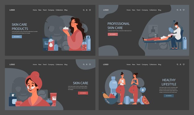 Banner web de rutina de cuidado de la piel o página de aterrizaje modo oscuro o nocturno conjunto de productos cosméticos para la piel facial
