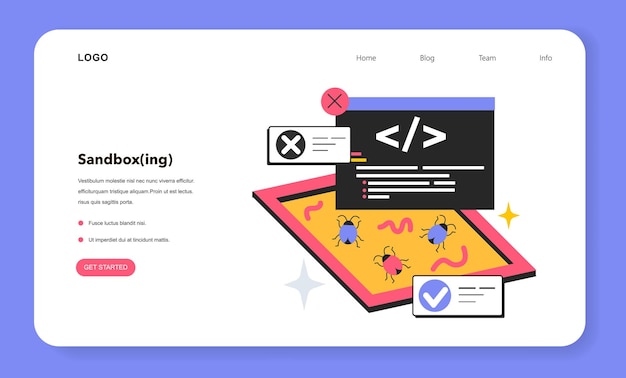 Banner web de sandboxing o página de inicio Mecanismo de seguridad para aislamiento y separación de programas en ejecución Detección de fallas del sistema y vulnerabilidades de software Ilustración de vector plano