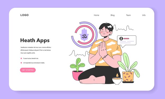 Banner web de seguimiento de la salud mental o personaje de la página de aterrizaje que utiliza un dispositivo electrónico para monitorear y