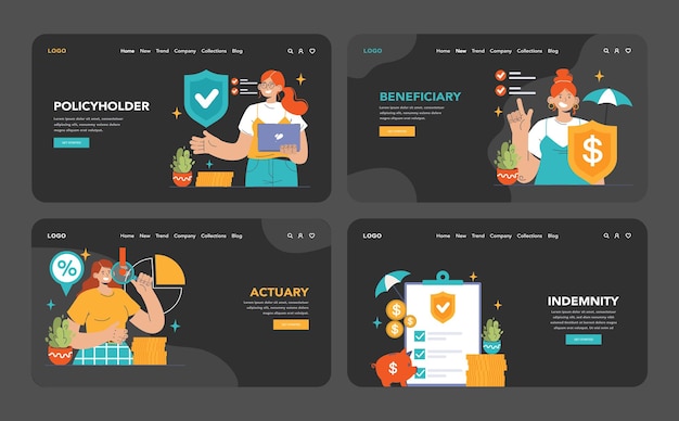 Banner web de seguros o página de aterrizaje modo oscuro o nocturno establecido seguridad de la vida y la propiedad atención médica