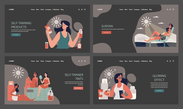 Banner web de Selftan o página de aterrizaje modo oscuro o nocturno establecido mujer hermosa aplicando selftanner