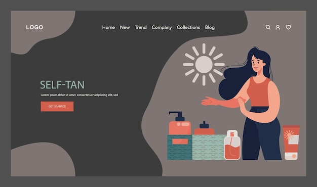 Banner web de Selftan o página de aterrizaje modo oscuro o nocturno mujer hermosa aplicando bronceado de Selftanner