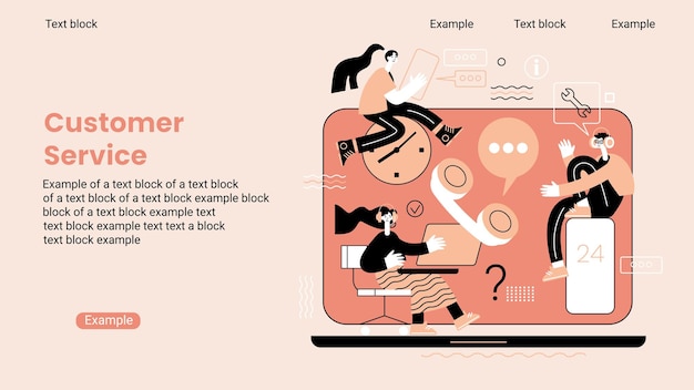 Banner web de servicio de asistencia al cliente en línea Página de aterrizaje de soporte al cliente con personas Operador de centro de llamadas Diseño plano vectorial