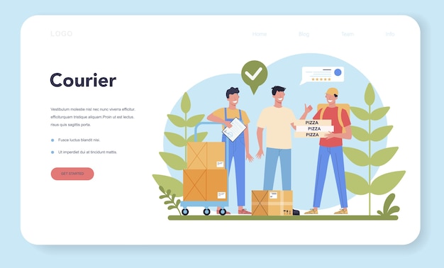 Banner de web de servicio de entrega o página de destino. Mensajero en uniforme con caja del camión. Entrega de comida online. Pedido de mercancías en Internet. Expresar concepto logístico.
